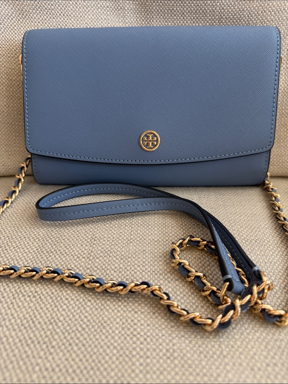Tory Burch Blue Leather Crossbody with Gold Chain